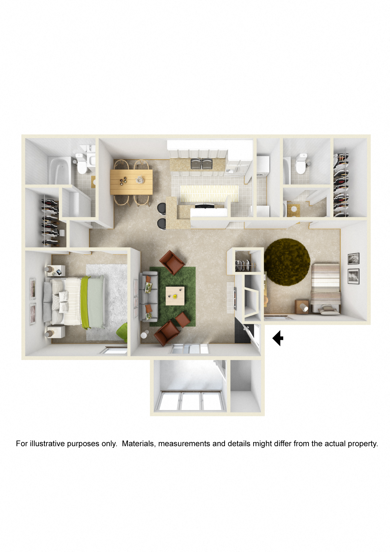 Floor plan for 2 beds, 2 baths, 940 sqft